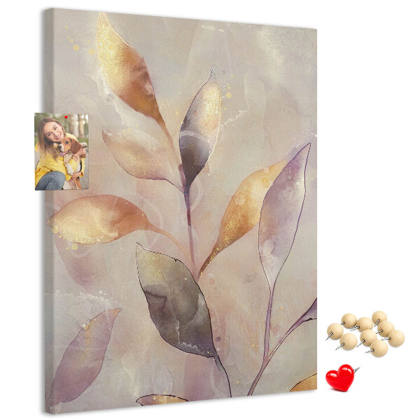 Bacheca di sughero con stampa di foglie delicate dai toni pastello