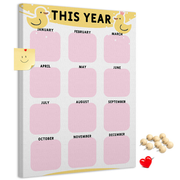 Bacheca di sughero con un allegro calendario a motivo uccellino