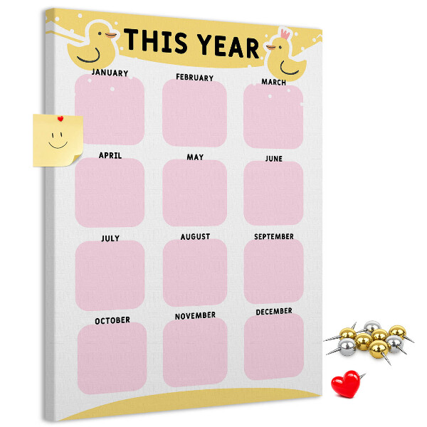 Bacheca di sughero con un allegro calendario a motivo uccellino