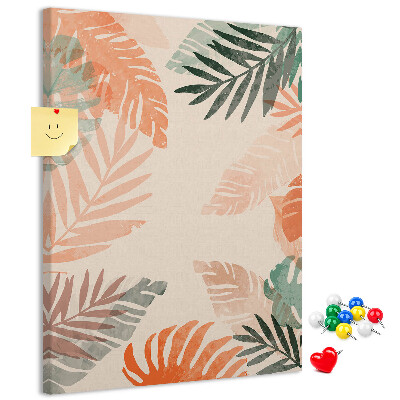 Bacheca di sughero con stampa di foglie tropicali dai colori delicati