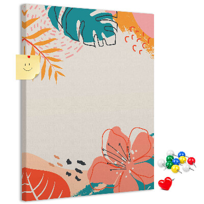 Bacheca di sughero con stampa di foglie e fiori tropicali dai colori pastello