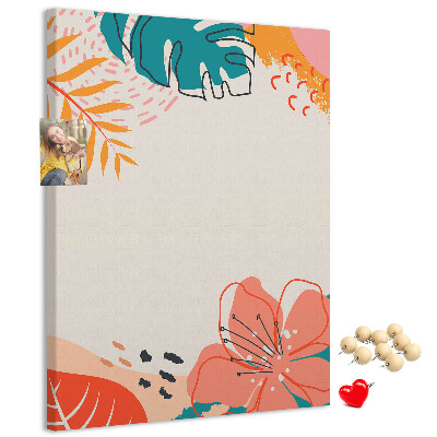 Bacheca di sughero con stampa di foglie e fiori tropicali dai colori pastello