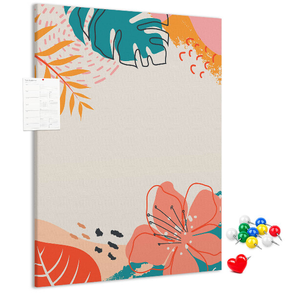 Bacheca di sughero con stampa di foglie e fiori tropicali dai colori pastello