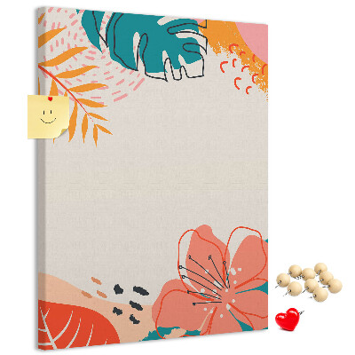 Bacheca di sughero con stampa di foglie e fiori tropicali dai colori pastello