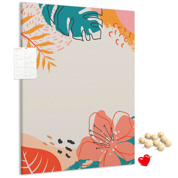 Bacheca di sughero con stampa di foglie e fiori tropicali dai colori pastello