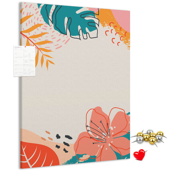Bacheca di sughero con stampa di foglie e fiori tropicali dai colori pastello