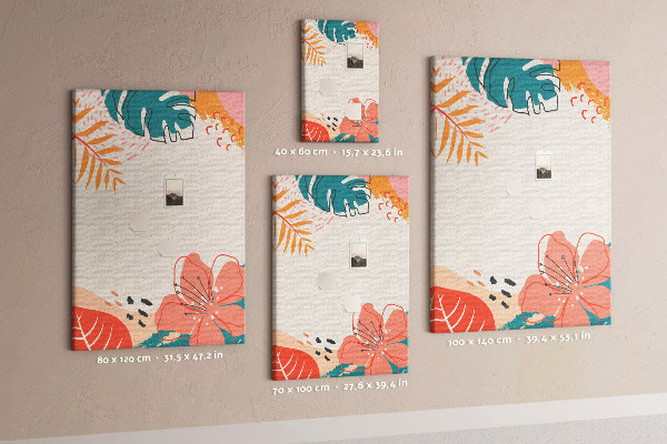 Bacheca di sughero con stampa di foglie e fiori tropicali dai colori pastello