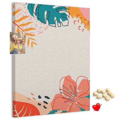 Bacheca di sughero con stampa di foglie e fiori tropicali dai colori pastello