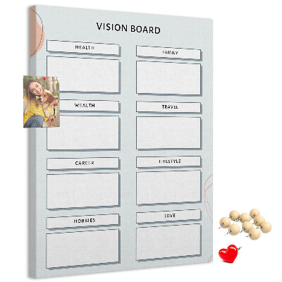 Bacheca di sughero vision board per l'organizzazione degli obiettivi