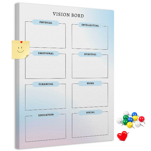 Lavagna in sughero vision board con categorie per lo sviluppo personale