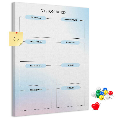 Lavagna in sughero vision board con categorie per lo sviluppo personale