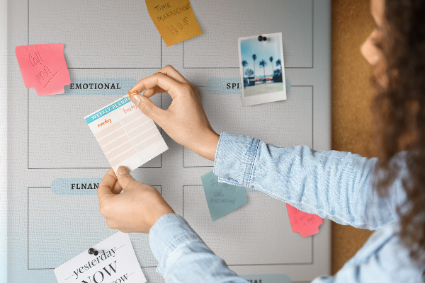 Lavagna in sughero vision board con categorie per lo sviluppo personale