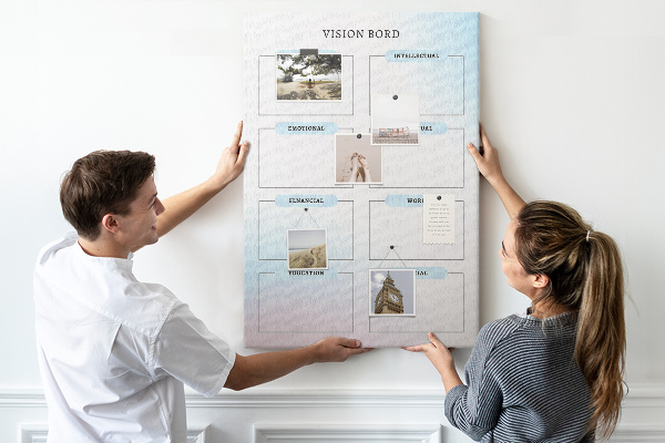 Lavagna in sughero vision board con categorie per lo sviluppo personale