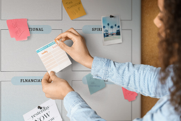 Lavagna in sughero vision board con categorie per lo sviluppo personale