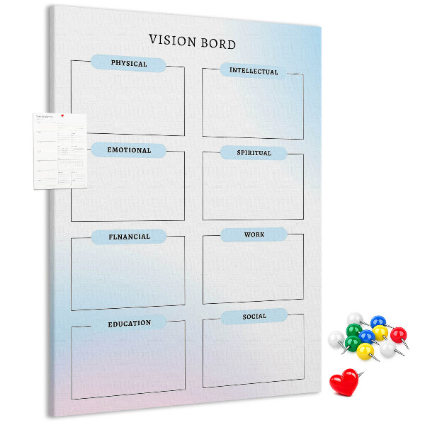 Lavagna in sughero vision board con categorie per lo sviluppo personale