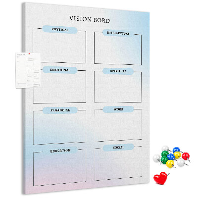 Lavagna in sughero vision board con categorie per lo sviluppo personale