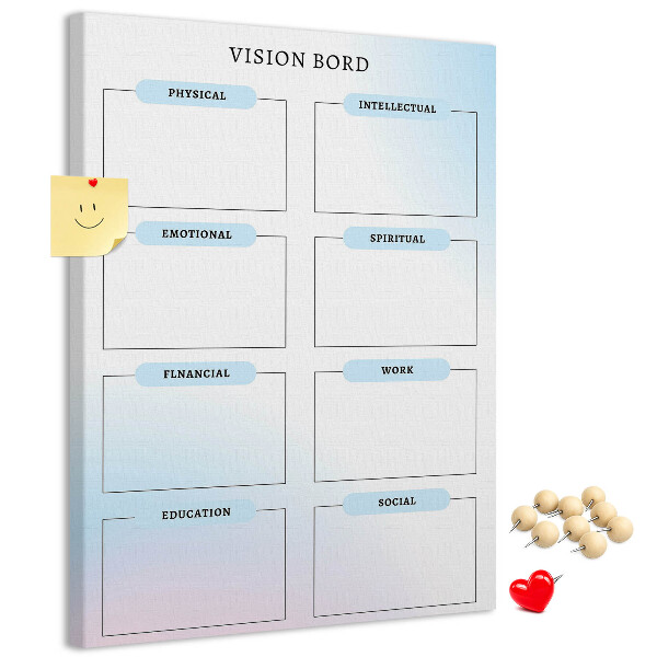Lavagna in sughero vision board con categorie per lo sviluppo personale