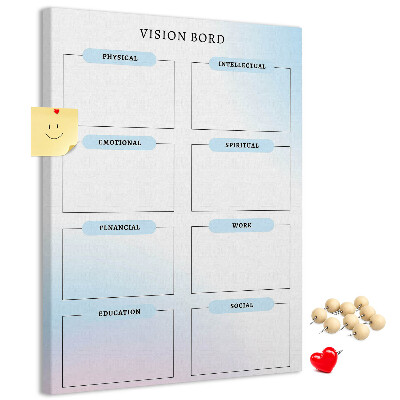 Lavagna in sughero vision board con categorie per lo sviluppo personale