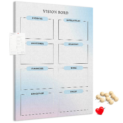 Lavagna in sughero vision board con categorie per lo sviluppo personale