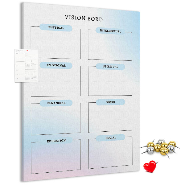 Lavagna in sughero vision board con categorie per lo sviluppo personale