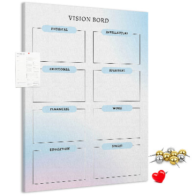 Lavagna in sughero vision board con categorie per lo sviluppo personale