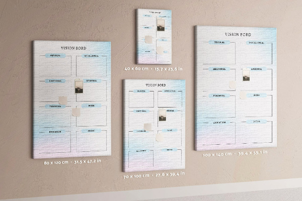 Lavagna in sughero vision board con categorie per lo sviluppo personale