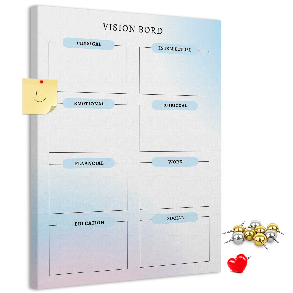 Lavagna in sughero vision board con categorie per lo sviluppo personale