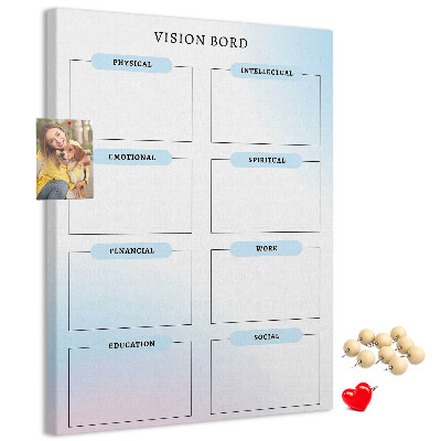 Lavagna in sughero vision board con categorie per lo sviluppo personale