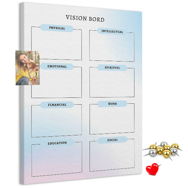 Lavagna in sughero vision board con categorie per lo sviluppo personale