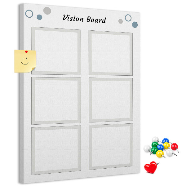Bacheca di sughero con cornici vuote per vision board