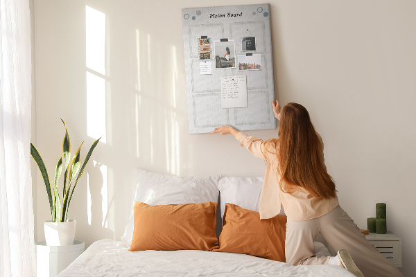 Bacheca di sughero con cornici vuote per vision board