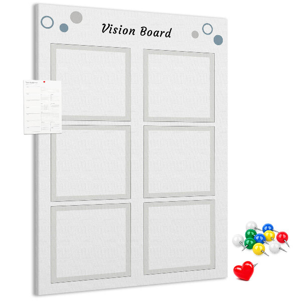Bacheca di sughero con cornici vuote per vision board