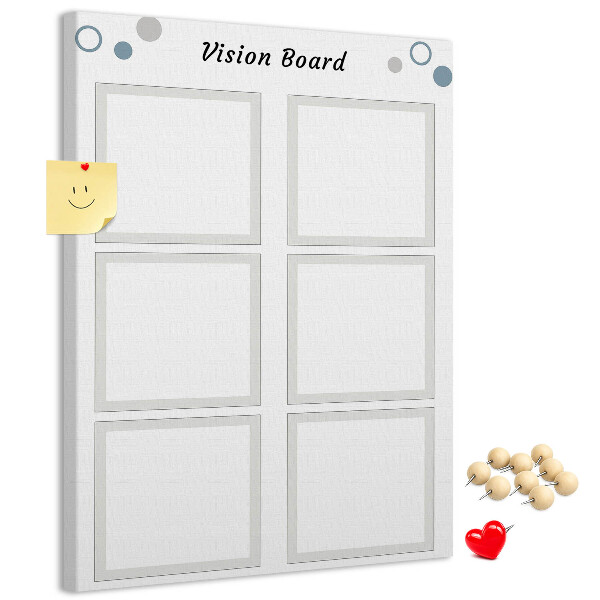 Bacheca di sughero con cornici vuote per vision board