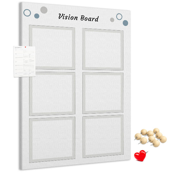 Bacheca di sughero con cornici vuote per vision board