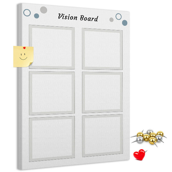 Bacheca di sughero con cornici vuote per vision board