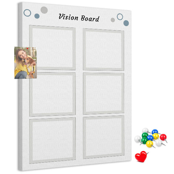 Bacheca di sughero con cornici vuote per vision board