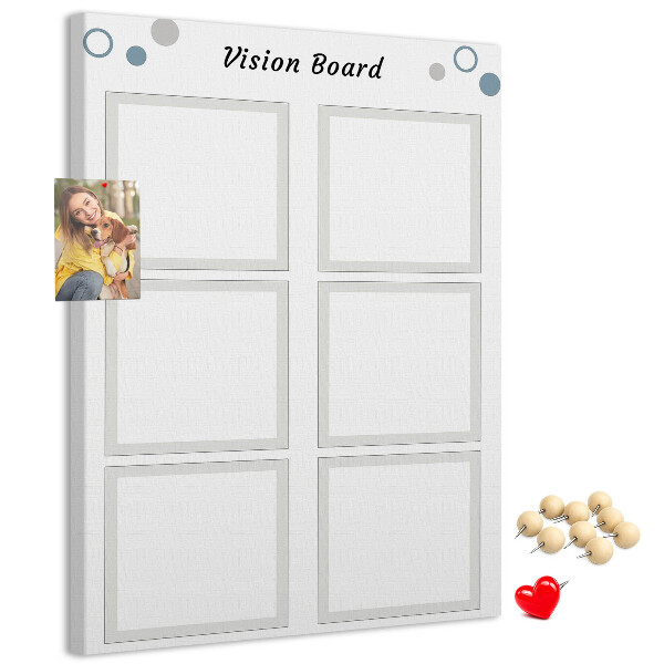 Bacheca di sughero con cornici vuote per vision board