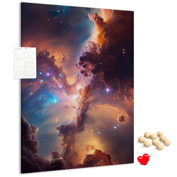 Lavagna in sughero con stampa di fenomeni cosmici in una galassia colorata