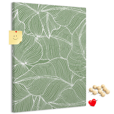 Bacheca di sughero con stampa di foglie delicate su sfondo verde