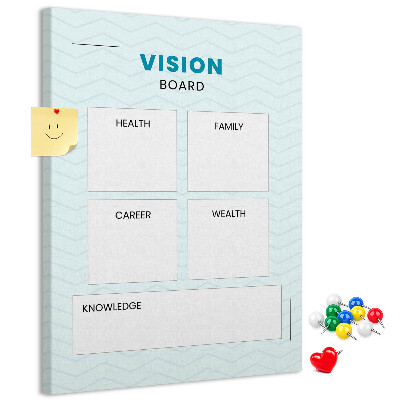 Bacheca di sughero vision board con quattro categorie di obiettivi