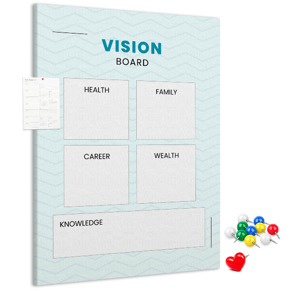 Bacheca di sughero vision board con quattro categorie di obiettivi