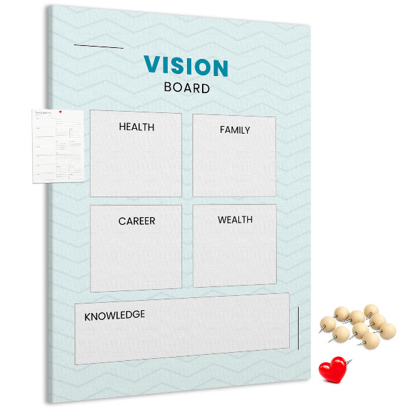 Bacheca di sughero vision board con quattro categorie di obiettivi