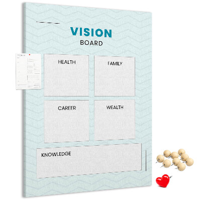 Bacheca di sughero vision board con quattro categorie di obiettivi