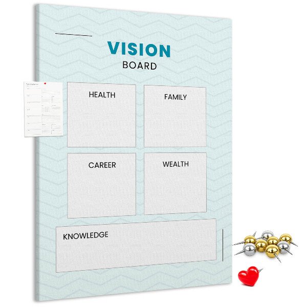 Bacheca di sughero vision board con quattro categorie di obiettivi