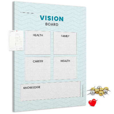 Bacheca di sughero vision board con quattro categorie di obiettivi