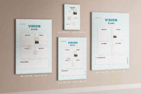 Bacheca di sughero vision board con quattro categorie di obiettivi