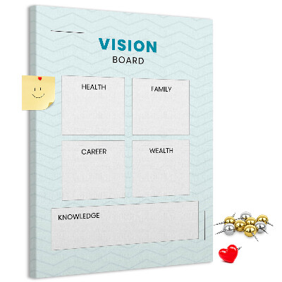 Bacheca di sughero vision board con quattro categorie di obiettivi