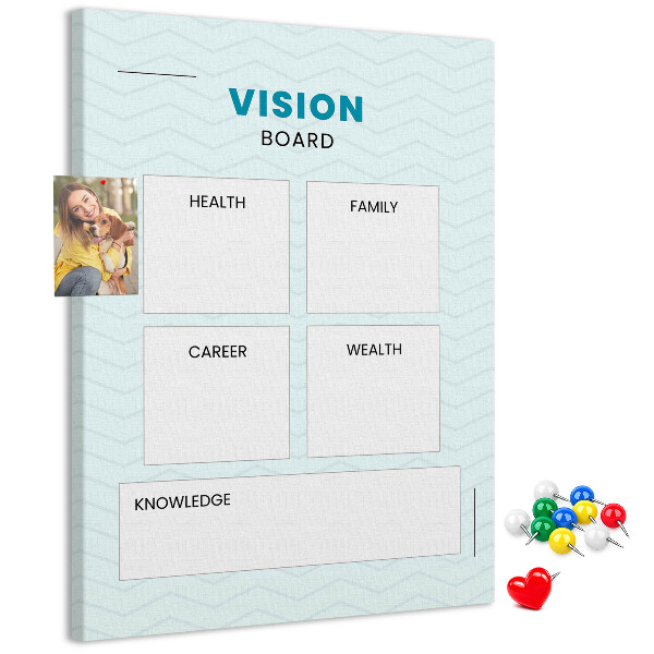 Bacheca di sughero vision board con quattro categorie di obiettivi