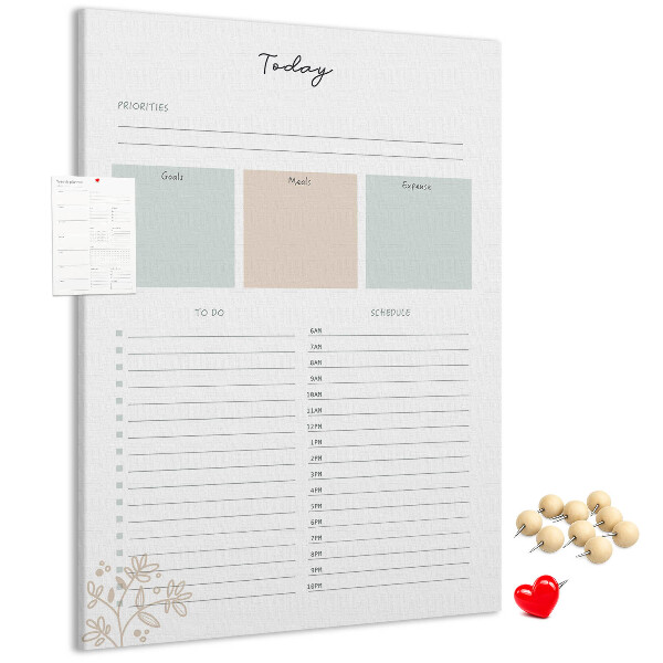 Bacheca di sughero con agenda giornaliera a sezioni colorate