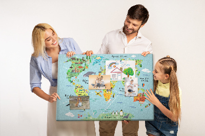 Bacheca in sughero mappa del mondo colorata con animali e continenti